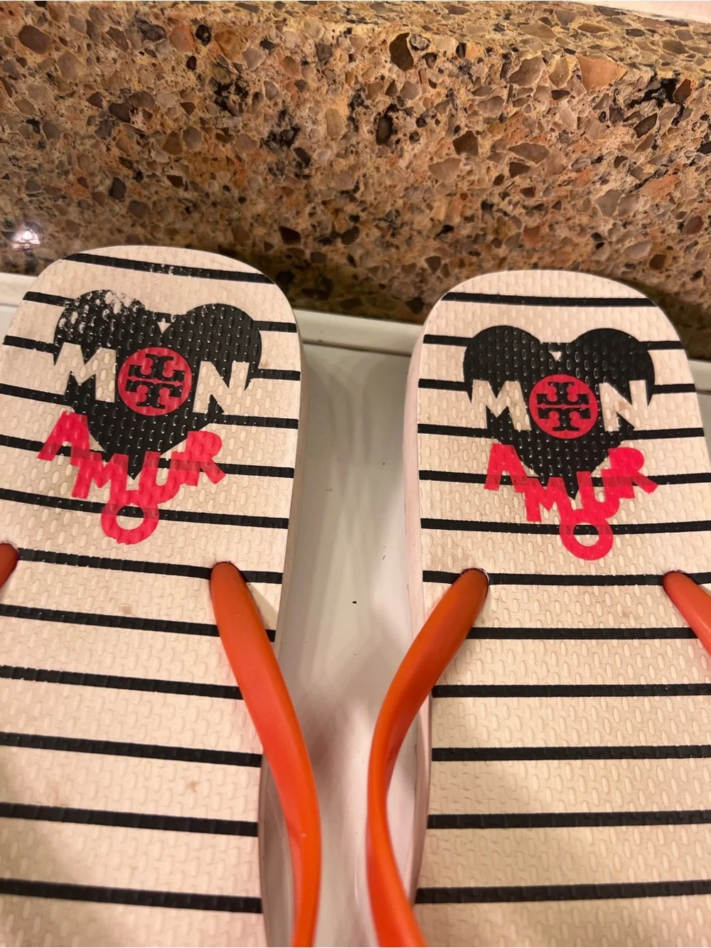 Tory Burch Orange-Strap Striped 'Mon Amour' Flip Flops Women’s Size 10